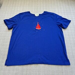 The Quacker Factory Womens Shirt 1X‎ Nautical Sailboat Blue Cotton Top Coastal